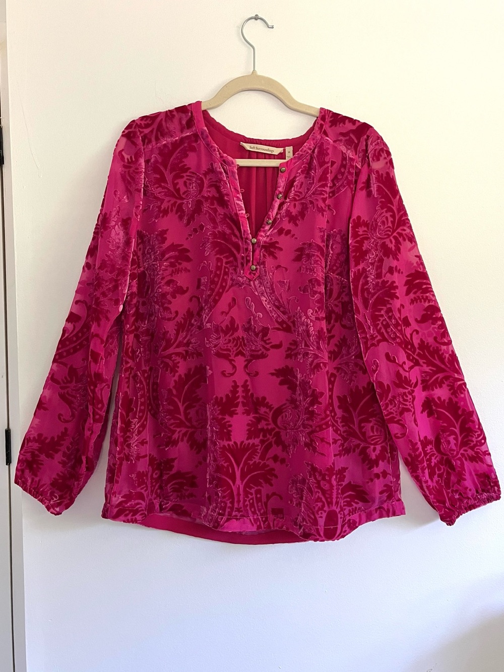 Soft Surroundings Reesha Floral Velvet Burnout Long-Sleeve Blouse Sangria Pink